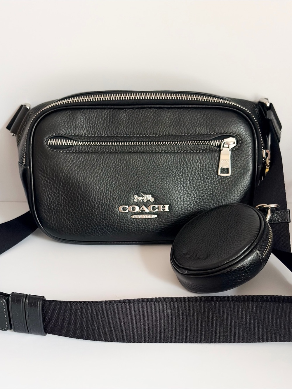 Coach Elias Black Pebbled Leather Belt Bag with Coin Pouch
